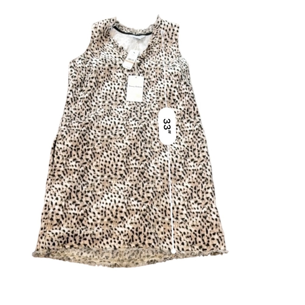 Tommy Bahama Lagoon Leopard Linen Shift Dress Ruffle V-Neck Raw Hem Summer Boho - Picture 6 of 8